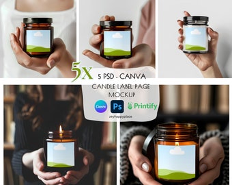 Rustic Soy Candle Mockup Bundle Printify, Label Mockup Canva, Square Candle Business, Amber Glass Candle, Jar Candle Branding Drag and Drop