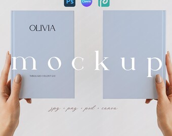 May include: Two light blue books are held by hands against a white background. The book on the left has the name "OLIVIA" printed on the cover, with the text "THINGS SHE COULDN'T SAY" below. The word "mockup" is printed in large white letters.