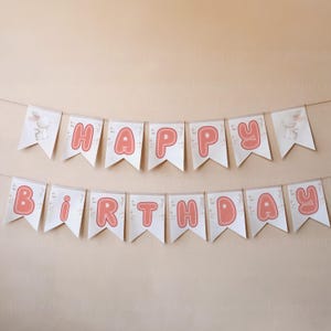 May include: A white banner with pink letters spelling "Happy Birthday" with a bunny rabbit on each end.