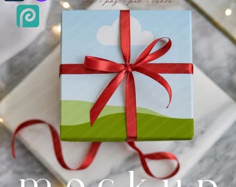 Minimalistisches Weihnachtsgeschenkpapier Mockup mit roter Schleife Geschenkpapier Mockup Canva Geschenkverpackung Box Mockup Urlaub Geschenkbox Mockup Drag & Drop PSD
