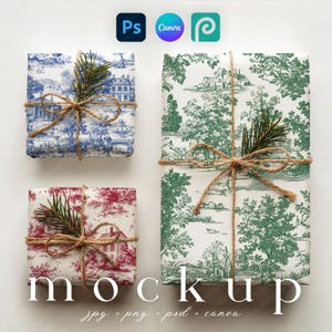 May include: Three wrapped gift boxes with toile-style patterns in blue, green, and red. Each box is tied with twine and adorned with a sprig of greenery. The word "mockup" is displayed at the bottom, along with file type information.