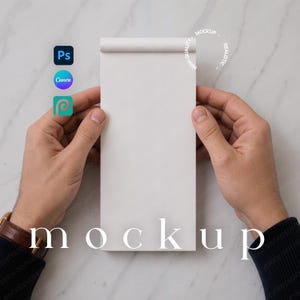 May include: A vertical rectangular white notepad mockup with a top binding. The notepad is blank and features a smooth surface. Small circular icons for Photoshop, Canva, and Photopea are visible on the left, with a circular text stamp on the right.