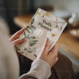 May include: A beige daily planner with a floral design featuring white flowers and green leaves. The text "Daily Planner" is written in a cursive font on the front cover. The text "hello 2025!" is written in a smaller font at the bottom of the cover.