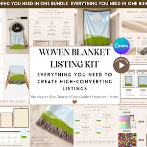 May include: A digital marketing kit for woven blankets featuring multiple templates, including care instructions, size charts, mockups, and color creation guides. The design displays a landscape graphic with a blue sky, white cloud, and green hills.