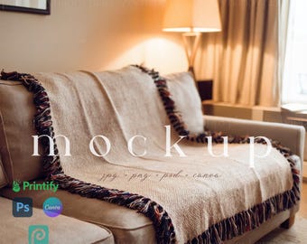 Woven Blanket Mockup Canva, Jacquard Fringed Woven Throw Blanket Mockup, Printify Fringe Blanket, Realistic Woven Texture Smart Mockup PSD