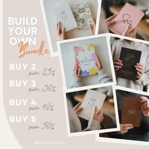 May include: A collage of journals and planners in various colors and designs. Some feature floral patterns, line art, and the text "Daily Planner" and "Journal 2023" and "Journal 2025". The image also includes text that says "Build Your Own Bundle".
