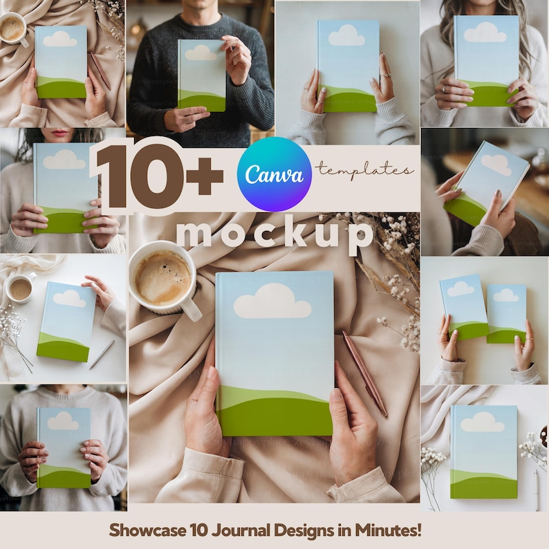 Puede incluir: Una maqueta de m&aacute;s de 10 plantillas de diario de Canva. La imagen muestra a diferentes personas sosteniendo y mostrando los diarios en diferentes entornos. Los diarios tienen diferentes dise&ntilde;os, incluyendo un cielo azul con una nube blanca y un campo verde.