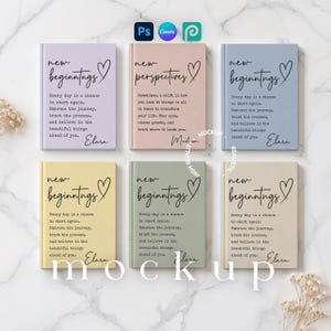 May include: Six rectangular notebooks in pastel colors including lavender, dusty rose, blue, yellow, sage green, and beige. Each cover features black text with the phrases new beginnings or new perspectives, a heart icon, and a name signature.