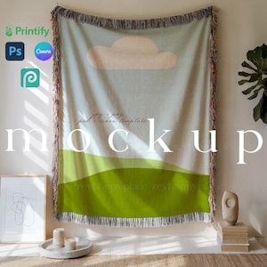 Decorative Woven Throw Blanket Mockup Canva Template Gooten Mockups Woven Blanket PSD Jacquard Fringed Print on Demand Woven Blanket Mockup