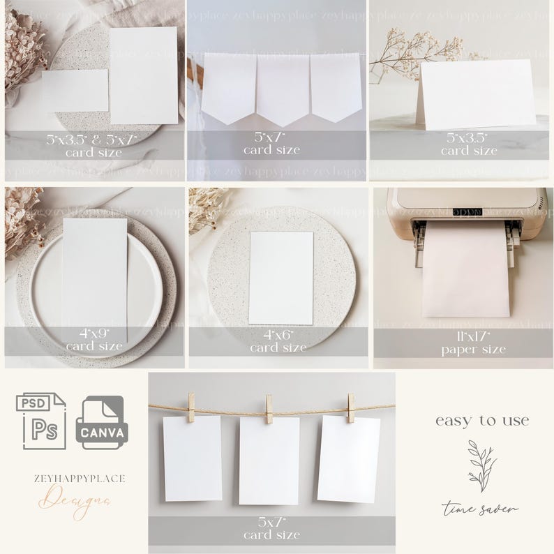 May include: A mockup image showing different sizes of blank cards and paper, with text indicating the dimensions of each. The image also includes a text overlay that says "easy to use" and "time saver".