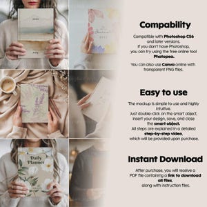 May include: Four different mockup images of a planner with a variety of designs. The planner covers feature floral patterns, watercolor designs, and a simple line drawing. The text "Daily Planner" and "My Daily Journal" are visible on the covers. The text "Compatibility", "Easy to use", and "Instant Download" are visible on the right side of the image.