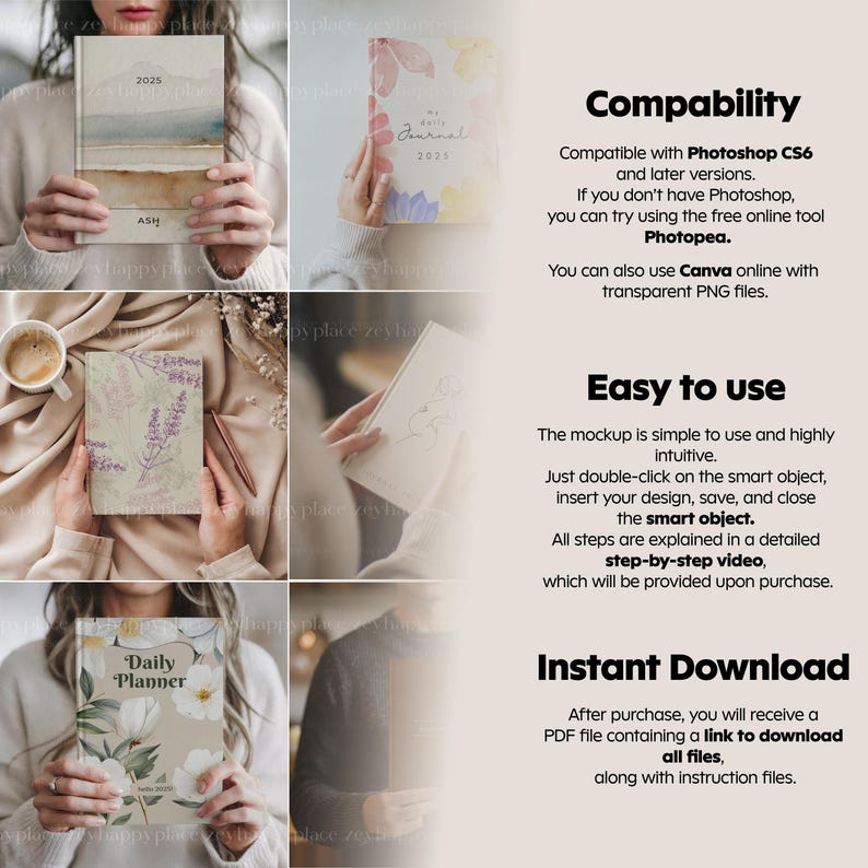 May include: Four different mockup images of a planner with a variety of designs. The planner covers feature floral patterns, watercolor designs, and a simple line drawing. The text "Daily Planner" and "My Daily Journal" are visible on the covers. The text "Compatibility", "Easy to use", and "Instant Download" are visible on the right side of the image.
