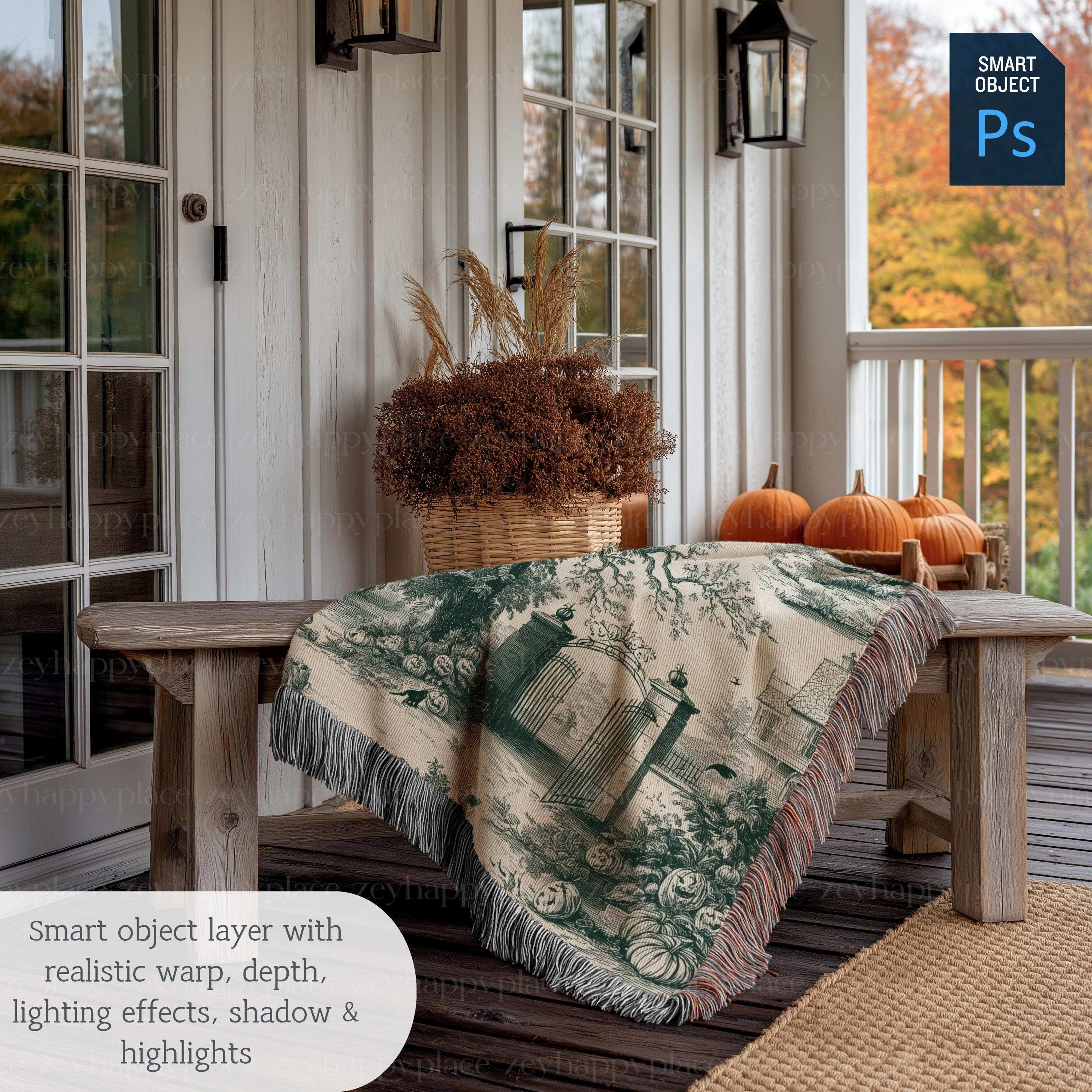 Halloween Woven Blanket Mockup With Black and White Fringe Fall