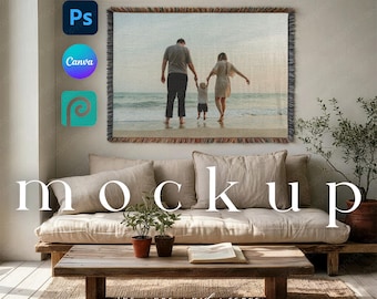 Japandi Style Woven Blanket Mockup Print on Demand Throw Blanket Mockup Canva Wall Hanging Blanket Mockup PSD Jacquard Fringed Tapestry POD
