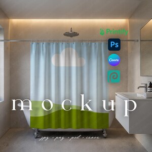 May include: A shower curtain with a sky and landscape design. The curtain features a light blue sky with a white cloud and a green grassy hill at the bottom. The word "mockup" is printed on the curtain.