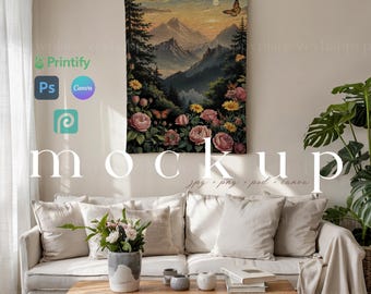 Maqueta de tapiz de pared tejido Printfy Maqueta de tapiz de pared interior tejido Plantilla Canva Maqueta de tapiz tejido para colgar en la pared PSD Arrastrar y soltar
