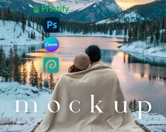 Maqueta de manta tejida de pareja de aventureros, manta impresa bajo demanda con arrastrar y soltar en Canva, objeto inteligente PSD de Photopea para Photoshop.