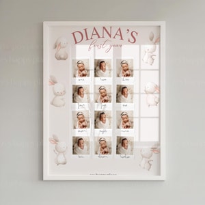 May include: A white framed photo collage with a pink title "DIANA'S first year" and 12 photos of a baby girl in a white background. The photos are arranged in a grid with numbers one through twelve below each photo. There are also illustrations of white bunnies with pink ears on the sides of the collage.