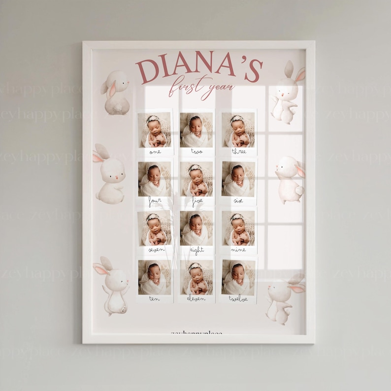 May include: A white framed photo collage with a pink title "DIANA'S first year" and 12 photos of a baby girl in a white background. The photos are arranged in a grid with numbers one through twelve below each photo. There are also illustrations of white bunnies with pink ears on the sides of the collage.