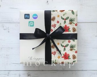 Gift Paper Mockup Canva, Gift Wrapping Paper Mockup, Gift Wrap Box Mockup, Wrapping Paper, Drag and Drop, Minimalist Present Box Mockup PSD