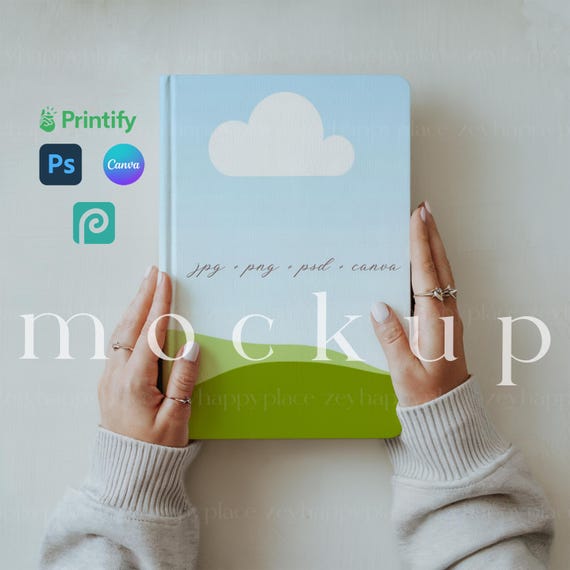 Hardcover Journal Mockup Canva Template Printify Ruled Line Journal Matte Boho Minimalist Notebook Mockup PSD Realistic Book Cover Photoshop