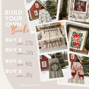 May include: A collage of Christmas-themed blankets and throws. One blanket features the name "Olivia" in red script, while another says "HO HO HO." Other blankets have festive designs, including a wreath and deer. The image also includes text that says "Build Your Own Bundle."