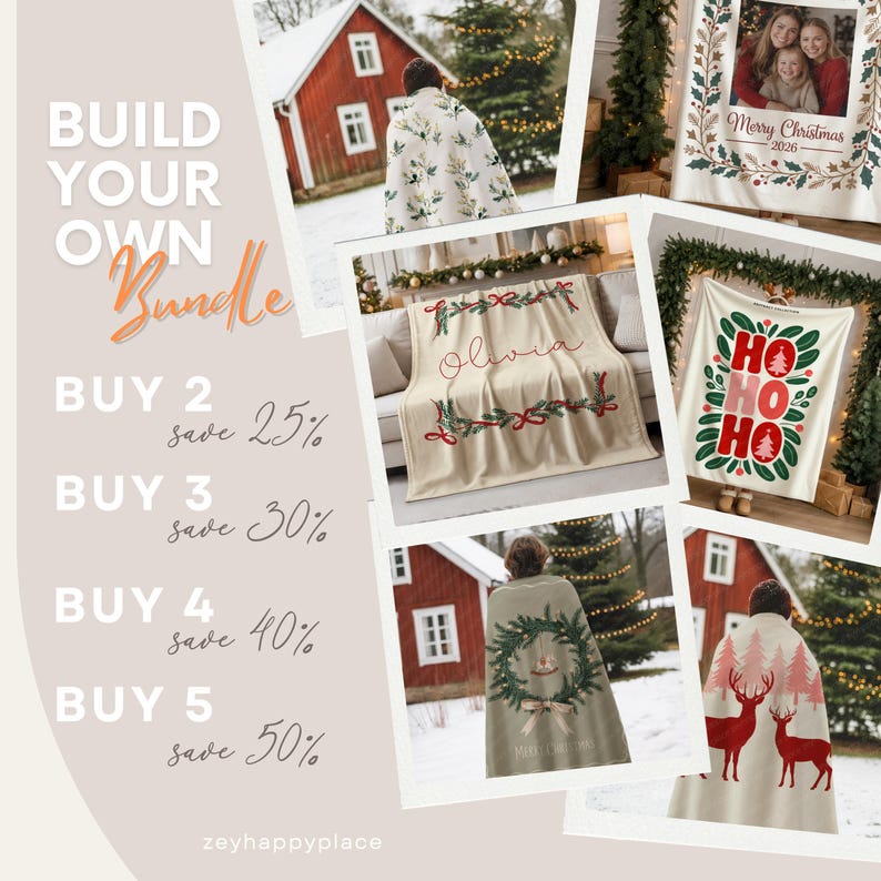 May include: A collage of Christmas-themed blankets and throws. One blanket features the name "Olivia" in red script, while another says "HO HO HO." Other blankets have festive designs, including a wreath and deer. The image also includes text that says "Build Your Own Bundle."