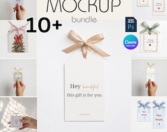 10x Mockup di etichette regalo, modello di etichetta di ringraziamento per feste minimalista e pulita, modello di etichetta di ringraziamento per le vacanze Canva, modello di etichetta regalo rettangolare Boho, modello PSD