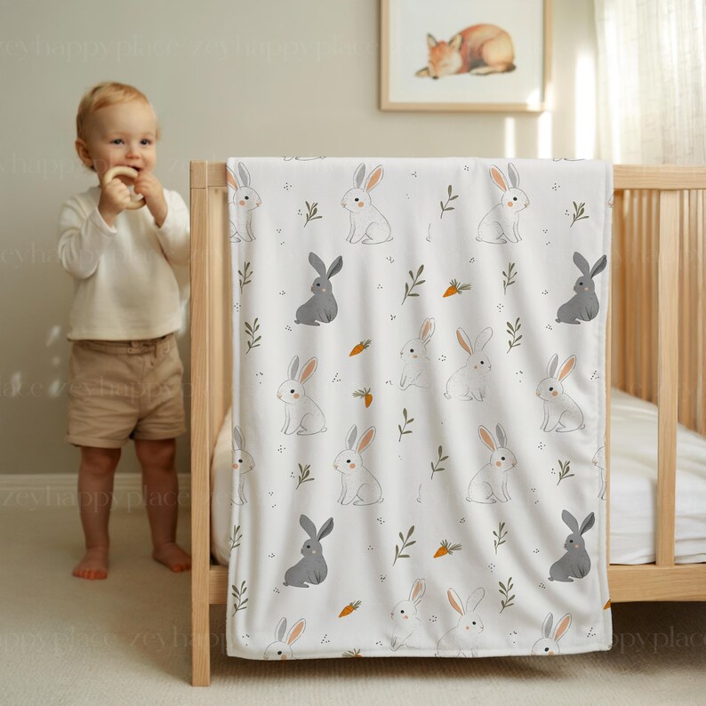 May include: A white baby blanket featuring a pattern of grey and white rabbits, carrots, and green sprigs. The blanket is draped over a wooden cot. A framed picture of a fox is on the wall.