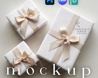 3 Boho Gift Wrapping Paper Mockup Set Christmas Gift Box Mockup Canva Changeable Ribbon Printfy Gift Wrap Paper Holiday Wrapping Mockup PSD