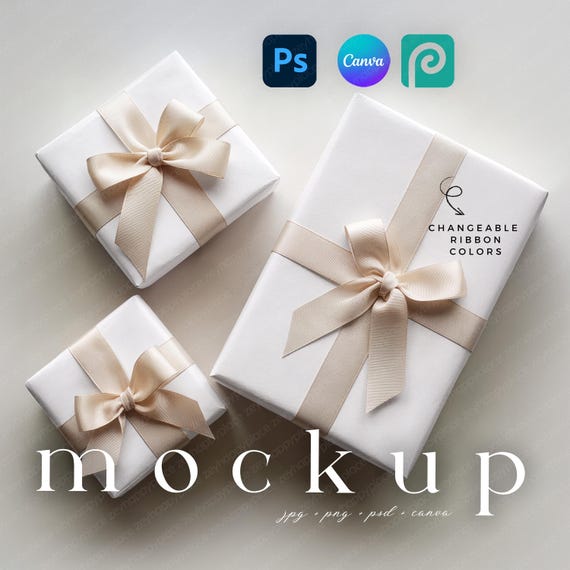 3 Boho Gift Wrapping Paper Mockup Set Christmas Gift Box Mockup Canva Changeable Ribbon Printfy Gift Wrap Paper Holiday Wrapping Mockup PSD