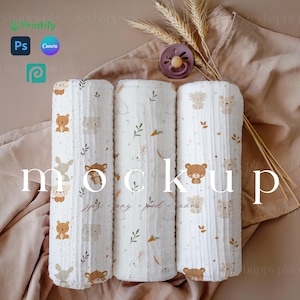 Mockup di coperta in mussola per neonati a 3 pieghe Canva, modello di coperta in cotone country, modello di coperta Boho per neonati a tre pieghe, coperta in mussola per neonati PSD