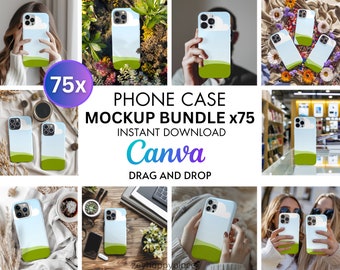 75x iPhone 15 Case Mockup Bundle für Canva, bearbeitbares Ziehen und ablegen PNG Telefon Mockup, Printable robuste Telefonhülle, Telefonhüllen Mockup, Pro Max