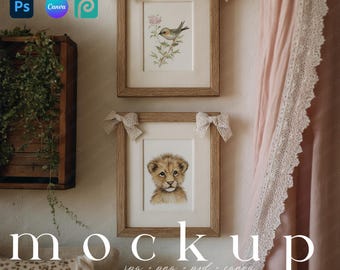 Double Nostalgia Vintage Nursery Frame Mockup with Lace Bow Canva Cottagecore Baby Art Display Frame Set Boho Baby Girl Room Wall Art Mockup