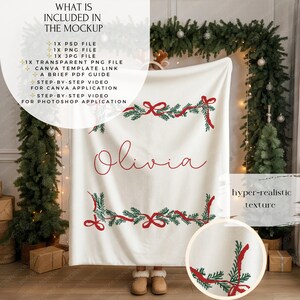 May include: A white blanket with red and green embroidered Christmas garland and the name "Olivia" in red script. The blanket has a hyper-realistic texture. The image also includes text: "WHAT IS INCLUDED IN THE MOCKUP".