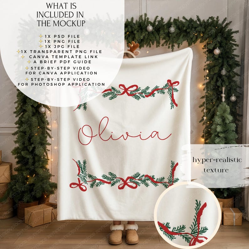 May include: A white blanket with red and green embroidered Christmas garland and the name "Olivia" in red script. The blanket has a hyper-realistic texture. The image also includes text: "WHAT IS INCLUDED IN THE MOCKUP".