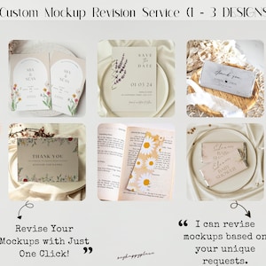 Puede incluir: Un collage de imágenes que muestran un servicio de revisión de maquetas para vendedores de Etsy. Las imágenes incluyen varias maquetas de papelería de boda, como invitaciones, tarjetas de guardar la fecha y tarjetas de agradecimiento. El texto "Custom Mockup Revision Service (1-3 DESIGNS)" se muestra en la parte superior del collage.
