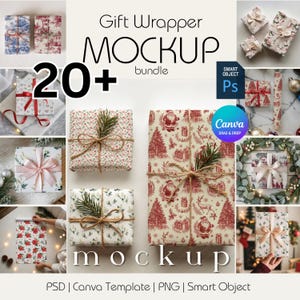 Könnte beinhalten: Ein digitales Geschenkpapier-Mockup-Bundle mit verschiedenen in weihnachtliches Papier eingewickelten Geschenken, verziert mit Bändern, Kordeln und Tannenzweigen. Das Bild enthält den Text Gift Wrapper MOCKUP bundle, 20+, Smart Object Ps und Canva DRAG & DROP.
