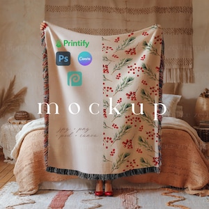 Woven Blanket Mockup with Black and White Fringe, Mockup Woven Jacquard Fringe Blanket Canva Template, Printfy Woven Throw Blanket Mockup