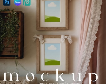 Double Nostalgia Vintage Nursery Frame Mockup with Lace Bow Canva Cottagecore Baby Art Display Frame Set Boho Baby Girl Room Wall Art Mockup