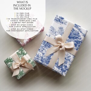 May include: Three wrapped gift boxes with cream-colored bows. The boxes are wrapped in patterned paper: one with a blue and white landscape design, one with a green and white floral design, and one with a red and white floral design. Text on the top left reads "WHAT IS INCLUDED IN THE MOCKUP".