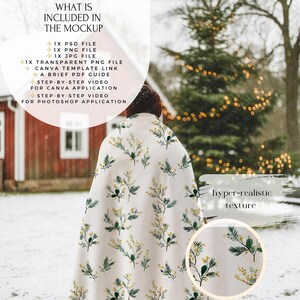 May include: A white blanket with a floral pattern of green leaves and yellow flowers. The image includes text: "WHAT IS INCLUDED IN THE MOCKUP" and a list of included files and links. A close-up shows the blanket's texture.