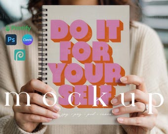 Spiral Notebook Mockup PSD Printfy Spiral Notebook Ruled Line Journal Mockup Canva Woman Holding Boho Spiral Bound Mockup 6x8 Blank Planner