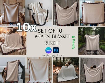 10+ Woven Blanket Mockup Bundle, 10x Jacquard Fringed Woven Throw Blanket Mockup Canva Bundle, Printify Fringe Blanket Canva and PSD Bundle