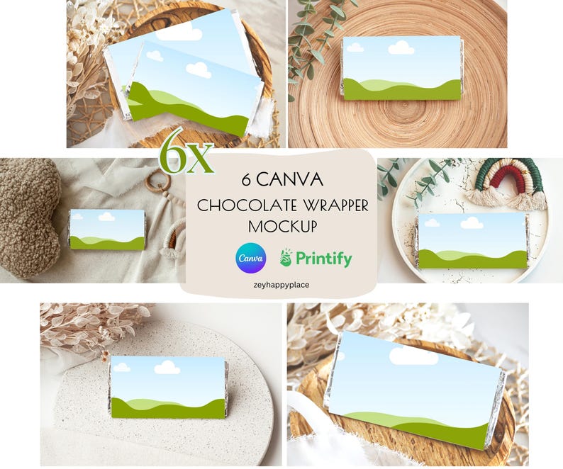 May include: Mockup of six chocolate bar wrappers featuring a green and blue landscape design. The wrappers are shown on a variety of surfaces, including wood, fabric, and a plate. The text "6 Canva Chocolate Wrapper Mockup" is displayed in the centre of the image.