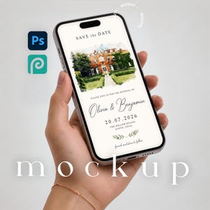 May include: A smartphone displaying a digital Save the Date wedding invitation featuring a watercolour illustration of a brick estate, the text Olivia & Benjamin, the date 20.07.2026, and the location The Willow Estate, Austin, Texas, with green leaf accents.