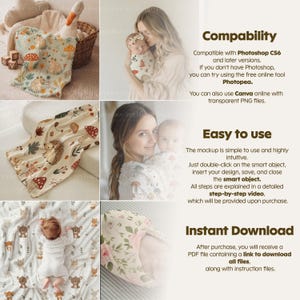 May include: A mockup image showcasing baby blankets with woodland and floral designs. The image includes a baby, a mother holding a baby, and a basket with a soft toy. Text on the image details compatibility and ease of use.