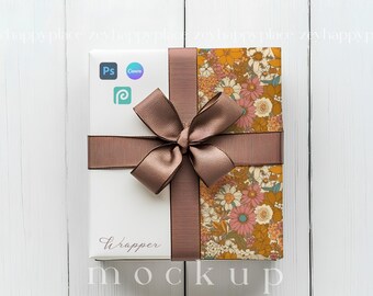 Gift Paper Mockup Canva, Gift Wrapping Paper Mockup, Gift Wrap Box Mockup, Wrapping Paper, Drag and Drop, Minimalist Present Box Mockup PSD