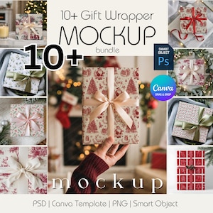 Könnte beinhalten: Ein Mockup-Bundle mit Geschenkverpackungen mit verschiedenen Designs, darunter Muster mit Weihnachtsbäumen, Weihnachtsmännern und floralen Motiven. Das Bild enthält den Text "10+ Gift Wrapper MOCKUP bundle". Die Geschenkverpackungen sind mit Bändern verziert.