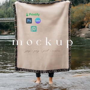 May include: A beige throw blanket with a fringe border. The blanket has the text "Printify", "Ps", "Canva", and a stylized "P" logo printed on it. The text "mockup" is printed below the logos, and the text "jpg, png, psd, canva" is printed below that.